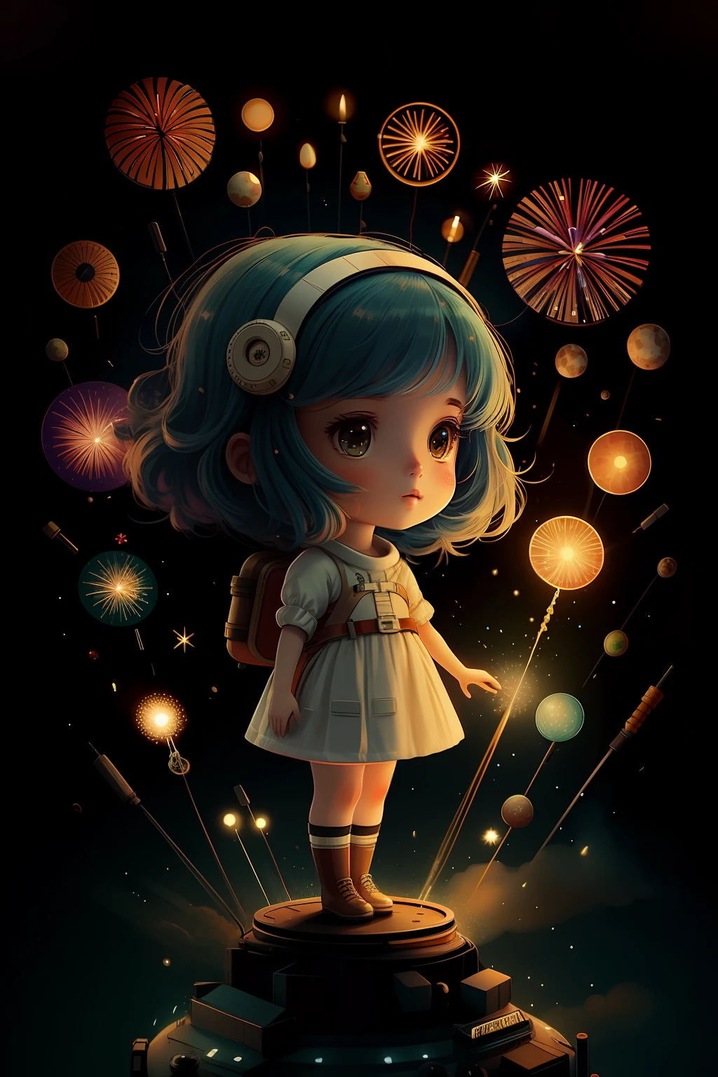 1fille,feux d&#39;artifice aériens, astronaute, aurore, voie lactée, festival,   chibi,  Yeux de poisson, Chefs-d&#39;œuvre, qualité supérieure, Meilleure qualité, art officiel, beau et esthétique, animation, 8K brut,