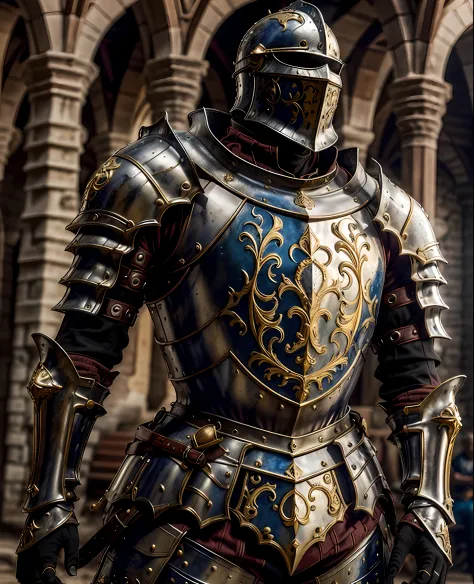 Obra-prima, melhor qualidade, barroco, realista, Medieval Templar armor of the Crusades, parte superior do corpo, olhando para o...