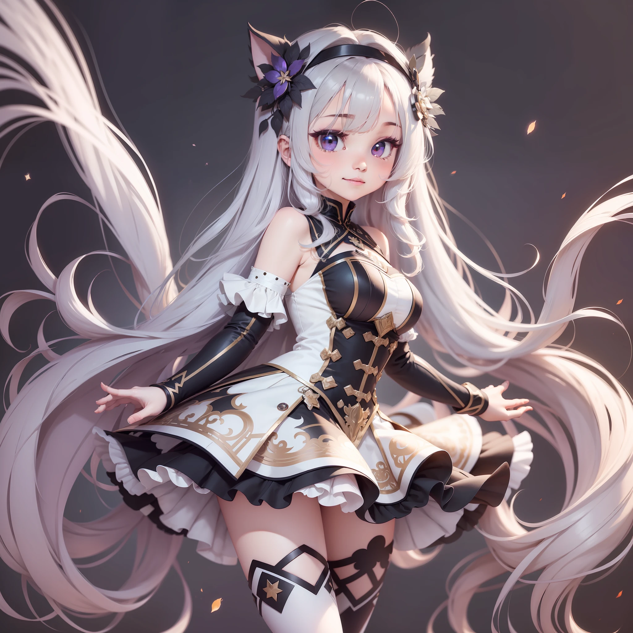 1girl，solo，long whitr hair，chibi，whaite hair，ssmile，Big round eyes，shift dresses，Detached sleeves，The halo，hair adornments，white dresses，Black pattern，full bodyesbian，are standing，looking at viewert，By bangs，heart-shaped，Gray eye，boobgasm，shoe，Blushlush，Extra-long hair，sockes，white backgrounid，Keep your mouth shut，white legwear，White sleeves，Fluffy sleeves，White shoes,8k，hyper HD,solid color backdrop