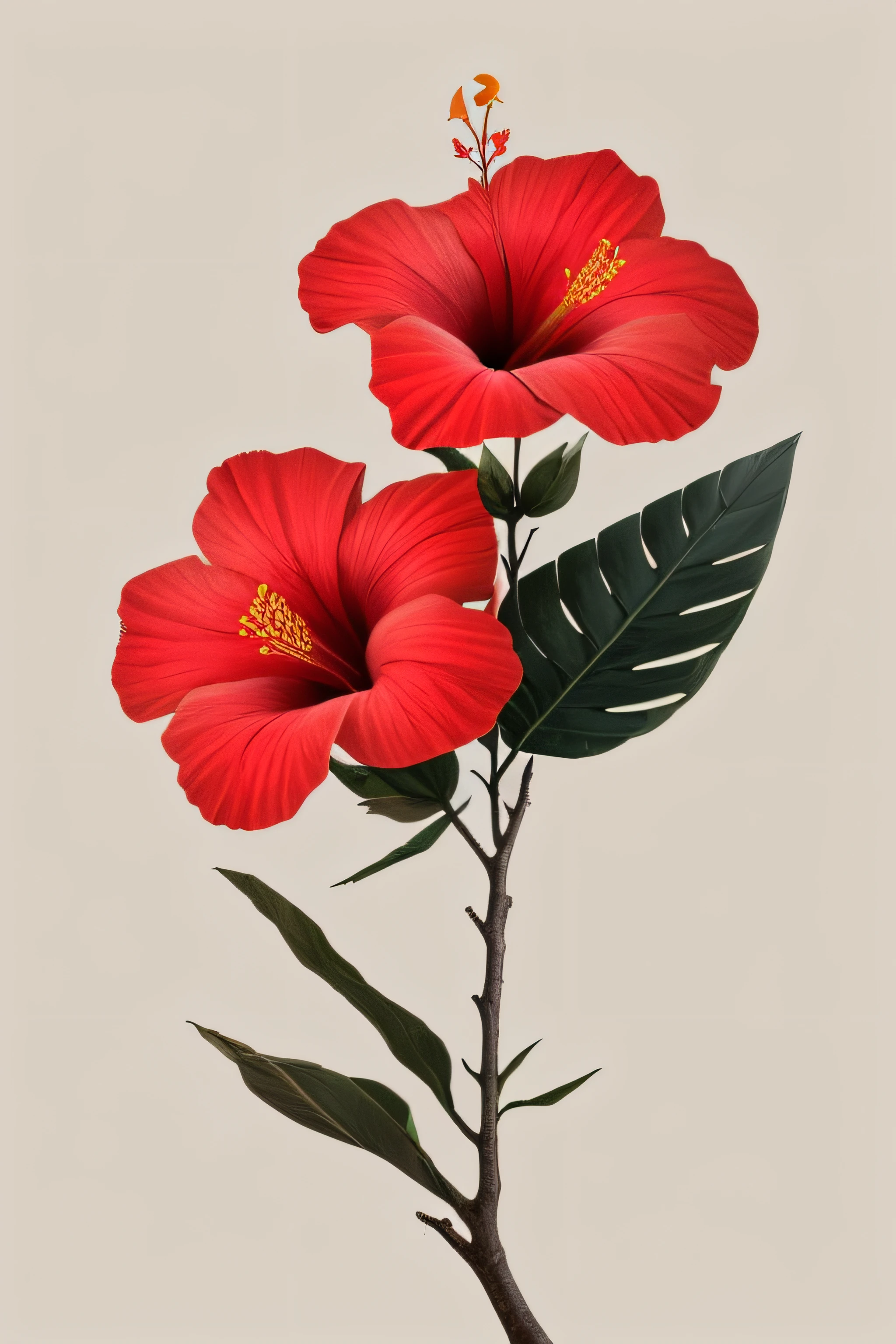 flor de hibisco florescendo em um galho retorcido contra um fundo cinza, fundo simples, no estilo laranja claro e bege claro, imagens minimalistas, instalações fotográficas, paleocore, verde e carmesim, hiper-realista, intimidade poética