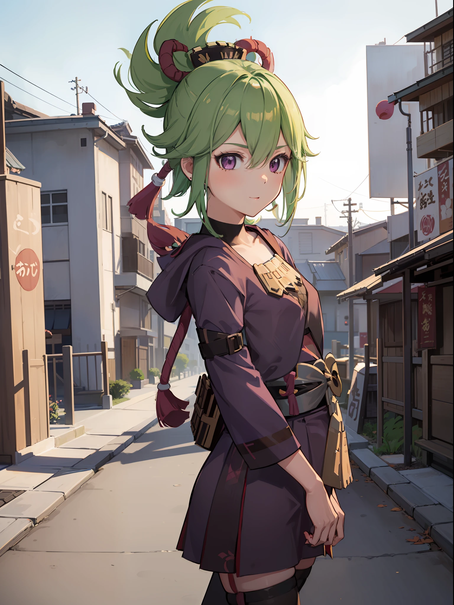 1 девушка Куки Синобу, Куки гуляет по городу Инадзума, счастливое лицо, Утром