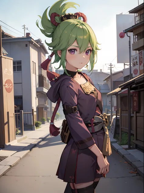 1girl kuki shinobu, kuki walking around Inazuma city, happy face, in the morning