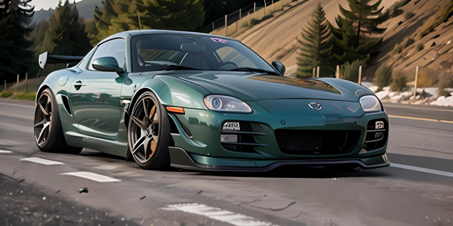 "A modified Mazda RX-7 is at the center of the scene, exuding pure power and elegance. The body is lowered, enhancing its aggressive and aerodynamic stance. As linhas suaves e curvas do carro foram aprimoradas com um kit de carroceria personalizado, que adiciona um toque ainda mais esportivo.

The RX-7's glossy paint is unique, with a gradient of colors ranging from a fiery red to a deep black. Bright metallic details and custom decals adorn the car, giving it a unique and eye-catching look.

Under the hood, a turbocharged engine is visible, transmitindo sua performance impressionante. As rodas de liga leve personalizadas complementam o visual, with high-performance tyres for maximum grip on the road.

Agora, voltando para a paisagem ao fundo, the RX-7 is positioned on a winding road that winds through a beautiful mountainous landscape. The scenery is breathtaking, with majestic mountains covered by lush vegetation.

The sky is clear and blue, com algumas nuvens brancas espalhadas suavemente. The sun is shining brightly, casting rays of golden light on the landscape, criando sombras interessantes.

The road ahead of the RX-7 is a perfect combination of adrenaline and picturesque scenery, inviting you for an exciting journey amidst stunning nature.

This image captures the essence of the passion for tuned sports cars, combining the beauty of the Mazda RX-7 with the serenity of a magnificent landscape."