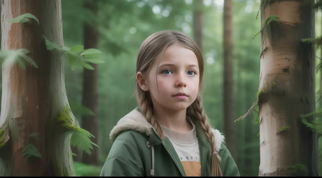 "Generate a hyper-realistic image of a 10-year-old girl from finland with authentic finnish features, set against a realistic forest background, showcasing the best quality and intricate details."