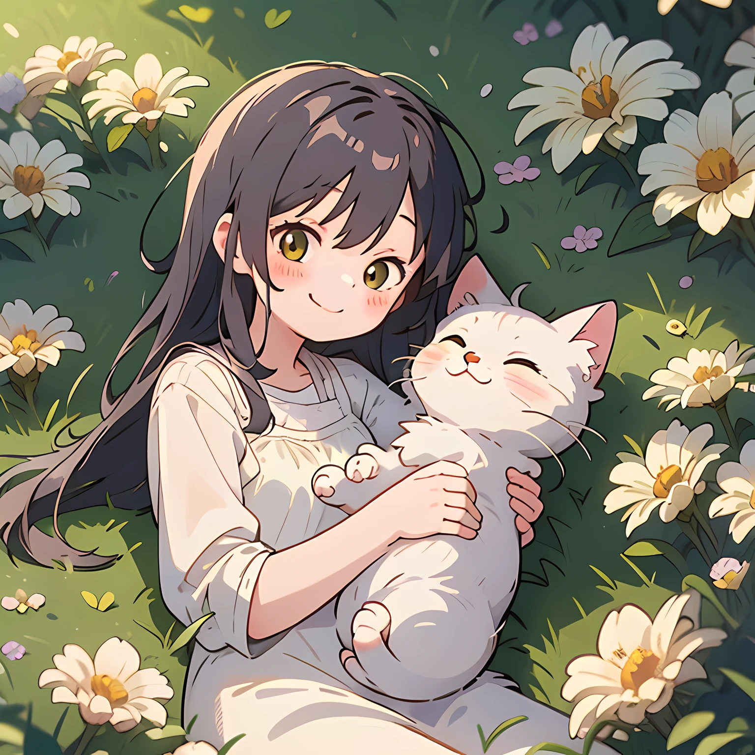 1girll，Miyazaki style, by Ghibli Studio, Sunny day, A beautiful little girl，Smile lying on the grass，Natural movements，Normal body，Surrounded by pastel flowers and her white cat, rich details​, Calm atmosphere, Soft lighting, Clean background, --AR 3:4 --s 750 --niji 5