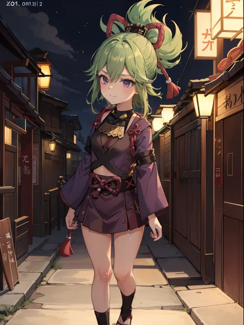 1girl kuki shinobu, kuki walking around Inazuma town, happy face, in the night