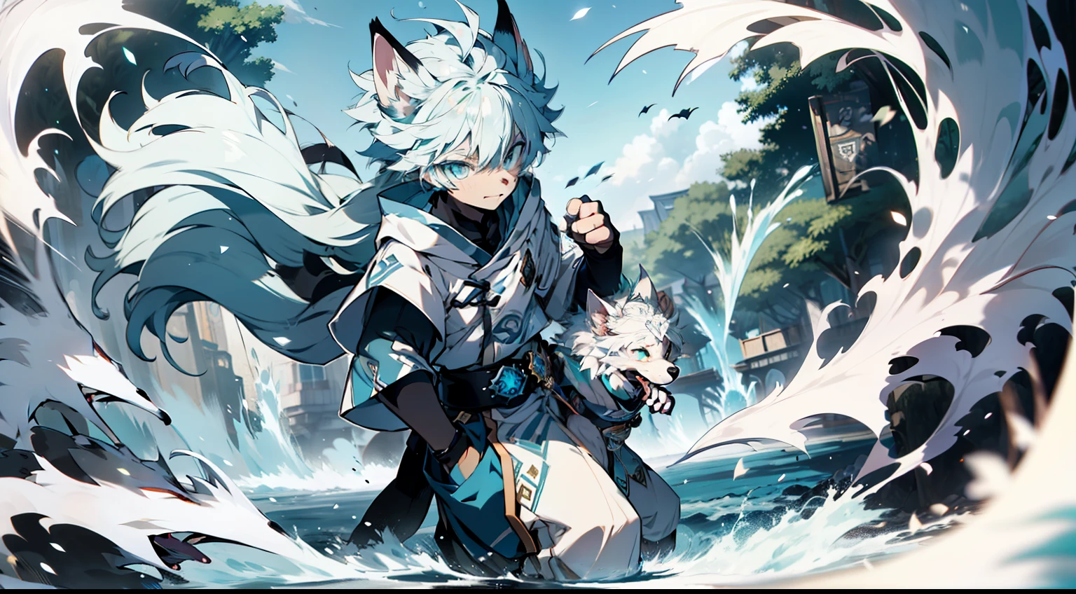 tmasterpiece， Best quality at best， highly  detailed，Samoyedskaya， Humanity， shaggy，Dogs， （furry），（Clear cyan eyes）， White hair， White dog tail，(((black sleeve)))， Short white sleeves with pockets，White cropped pants，Swirling wind，Control the water，exteriors，(((Eau)))，particles floating，Ethereal power，Whirlwind video game Genshin Impact， genshin impact style，