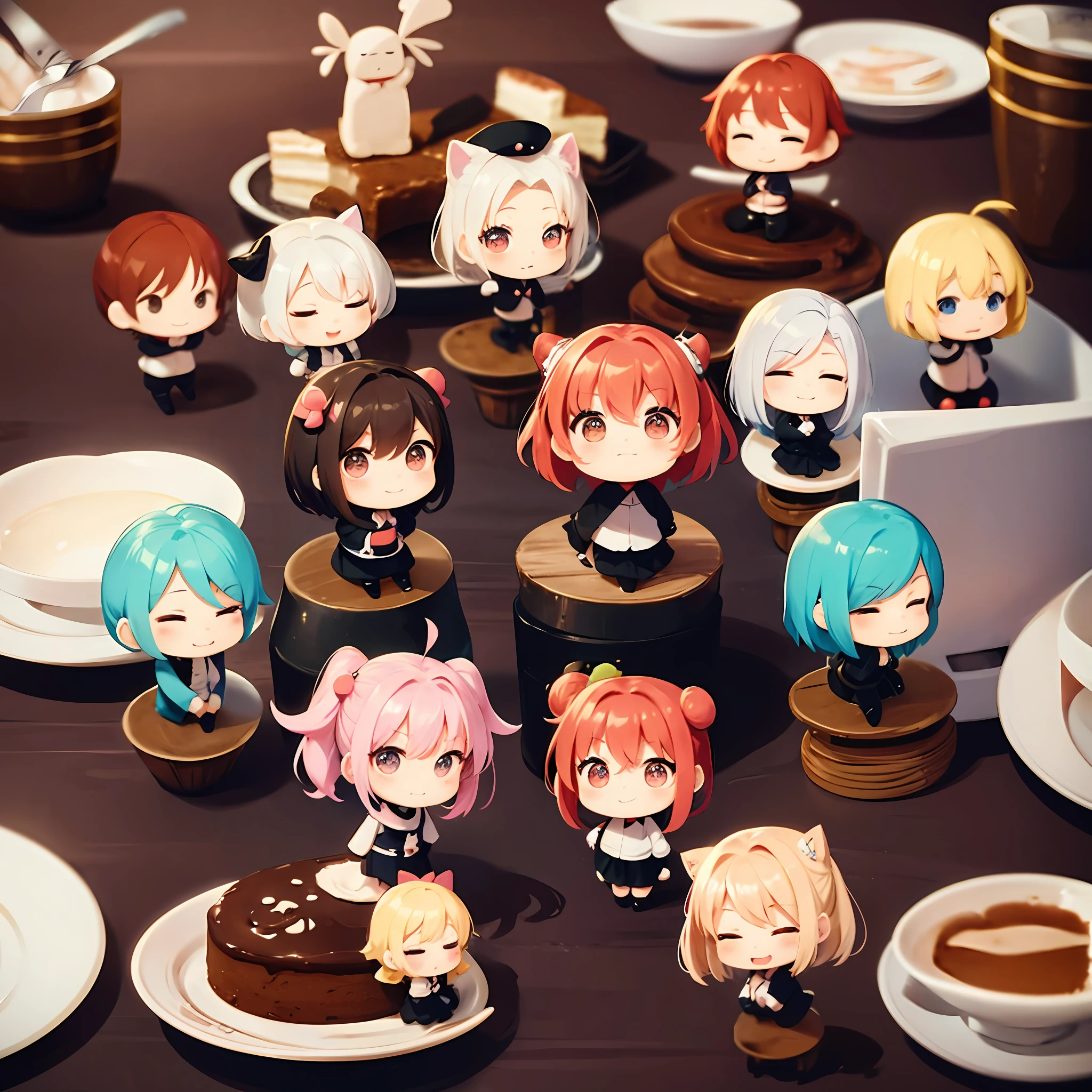 (Gâteau en forme de personnage chibi), Beaucoup de personnages chibi, Sur la table,