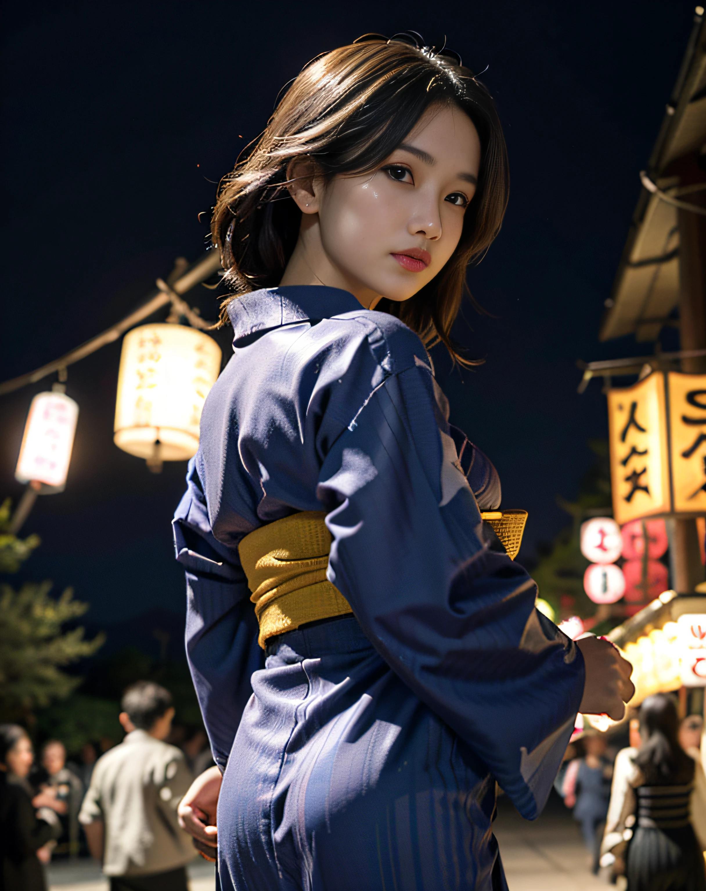 top-quality, ​masterpiece, 超A high resolution, 8K picture quality, (Photorealsitic:1.4), omatsuri, food stand, 1girl in, japanes, 45 yers old, beautidful eyes, looking at the viewers, from the rear, cowboy  shot, Looks Back, (yukata:1.4), (nape:1.4), The tree, plein air, Wagas, walking, crowd, natta, lanthanum, matsuri, foods, paved, crosswalk, paper lanterns, streetlights, brown haired, nigh sky, milkyway, starrysky,