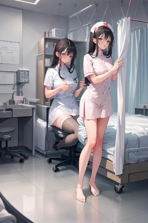 infirmary, curtains, 1girl, nurse, white dress, open dress, masterpiece, best quality, highly detailed