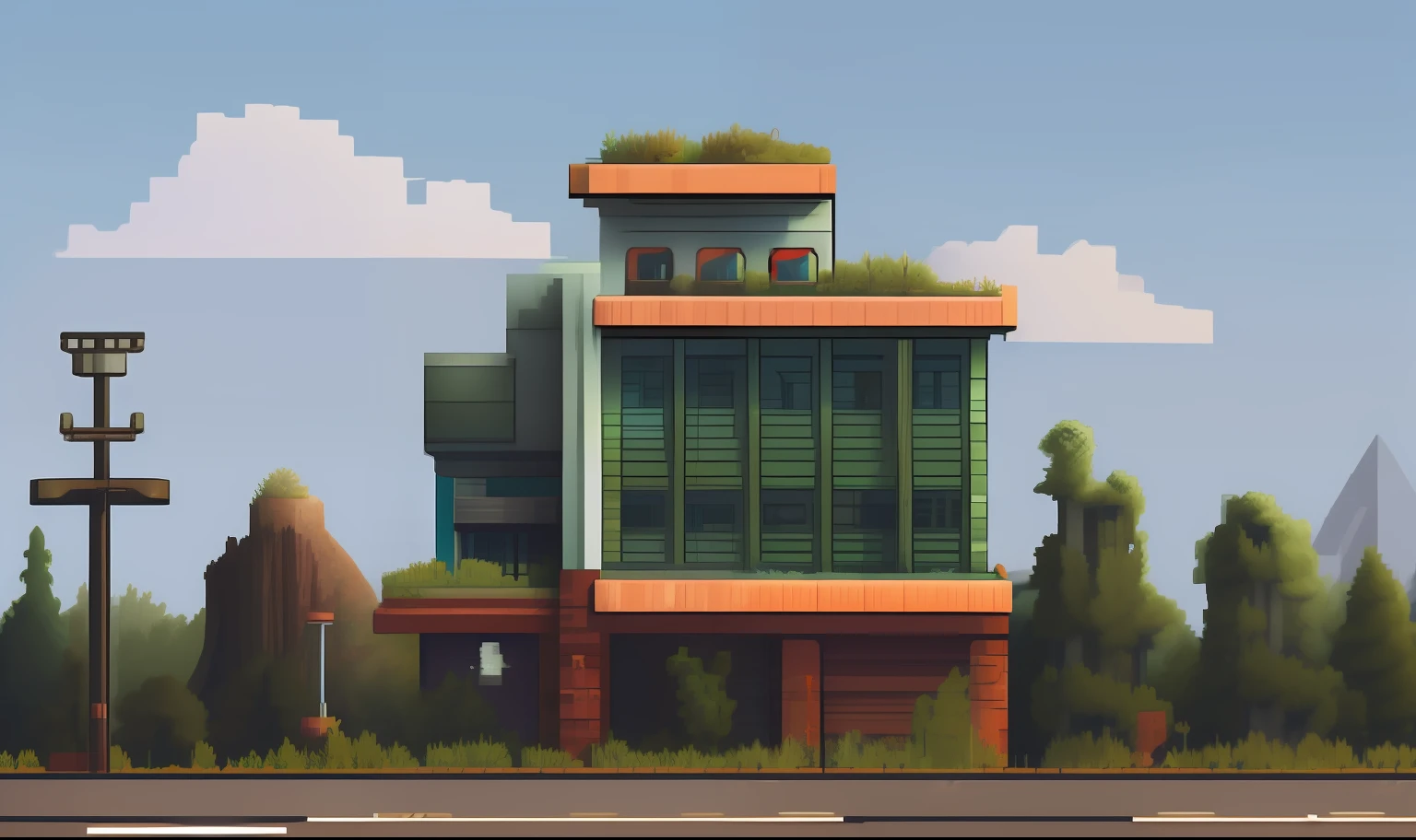 Pixel art realistic stylization，Modern age city，skyscrapper，Dilapidated，There was a dead silence，废墟，There are damaged cars on the side of the road，The building was full of weeds