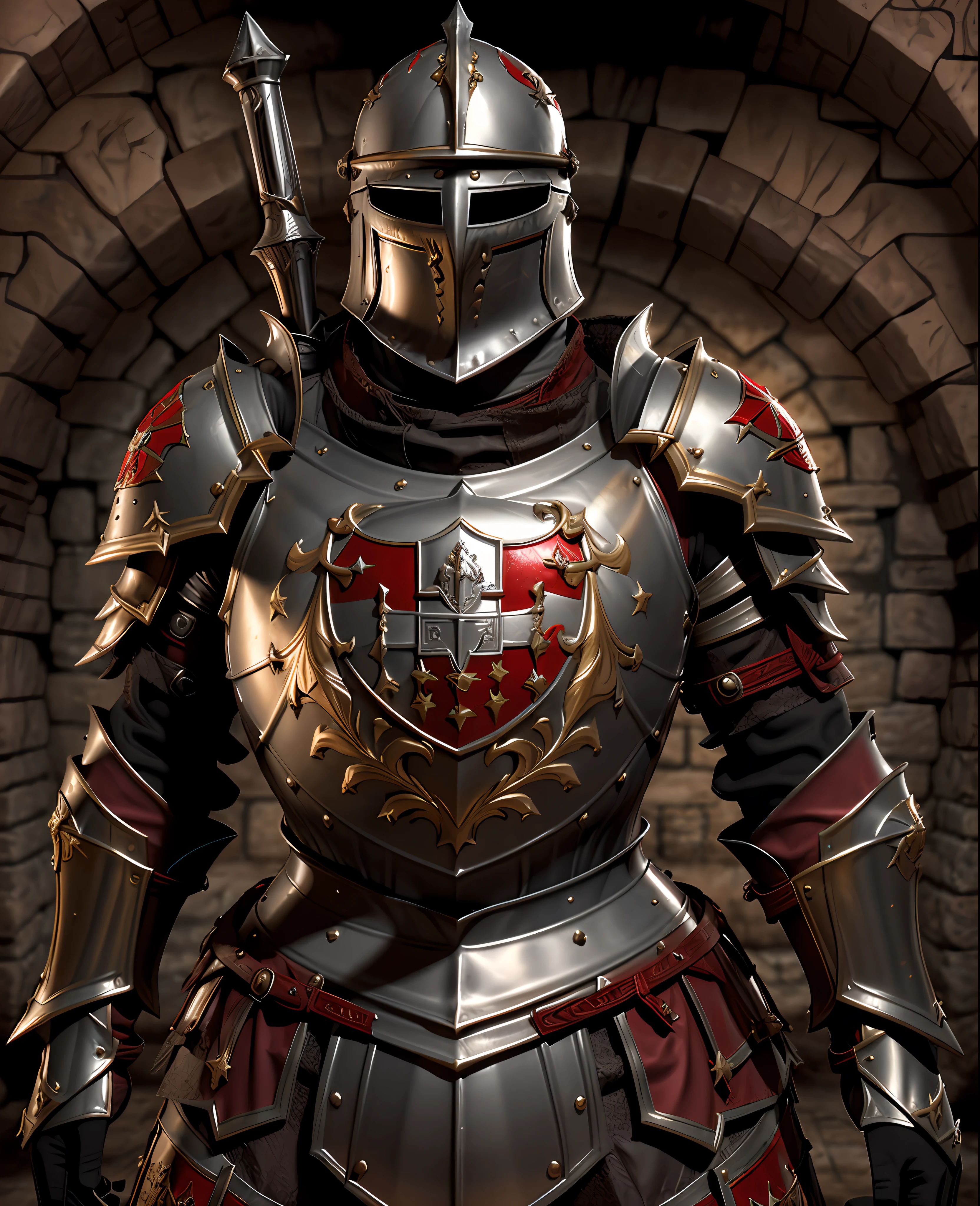 Knight Templar of the Crusades, with his silver armor with a red cross painted on the armor, Masterpiece artwork, best qualityer, realisitic, gazing at viewer, war scene from a medieval battle,