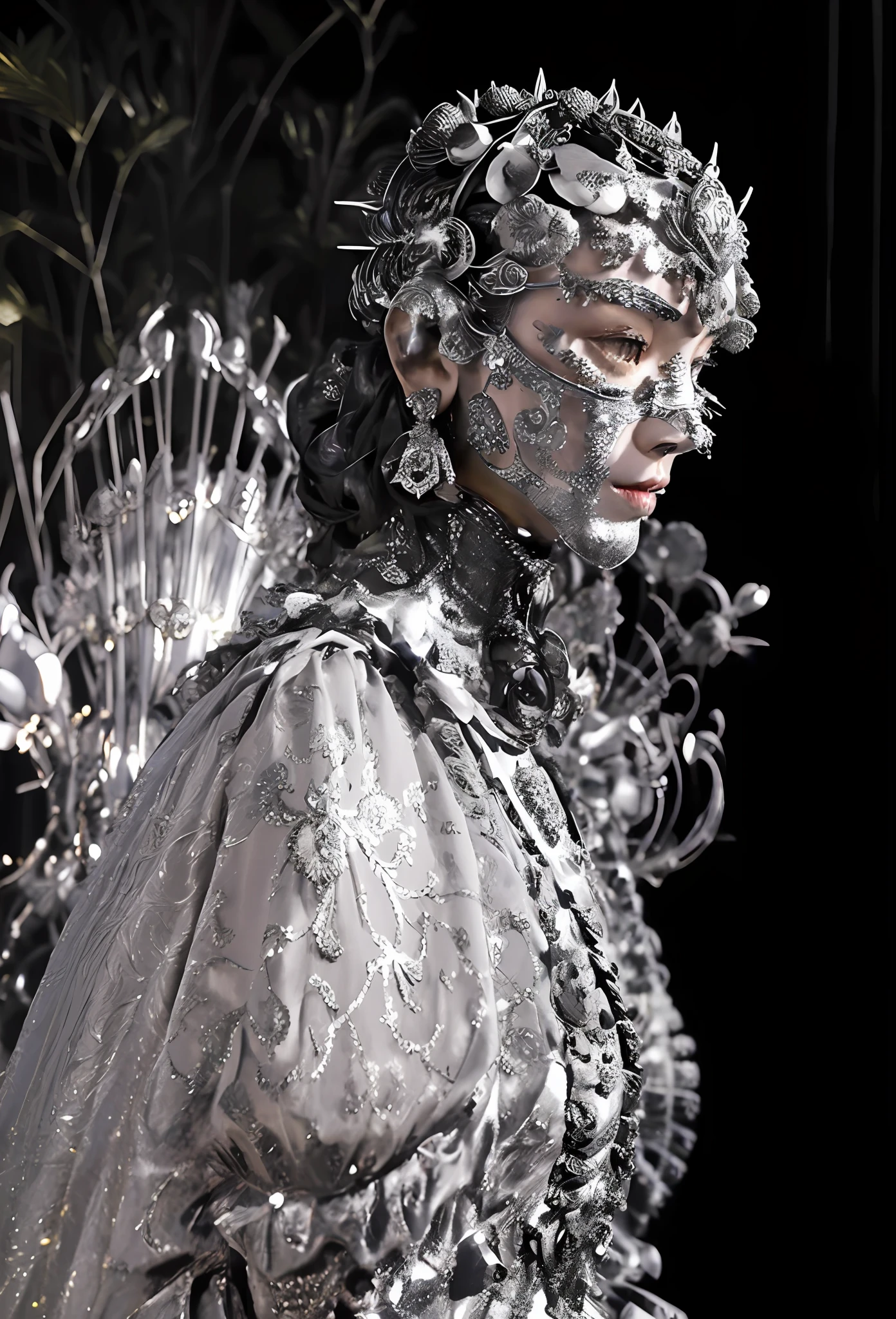 eine Nahaufnahme einer Metallskulptur einer Frau mit einem mit Metall bedeckten Gesicht, trägt eine Louis Vuitton-Rüstung, alexander mcqueen haute couture, komplizierte Metallrüstung, Aufwendige Metallrüstung, Silberne komplizierte Rüstung, Cyborg-Modefoto, Juwelenkostüm, Aufwendige Rüstungskostüme, von Alexander McQueen, aufwendiges Kostümdesign, inspired von Alexander McQueen, verzierte Rüstung mit Dornen bedeckt, trägt eine komplizierte Stahlrüstung