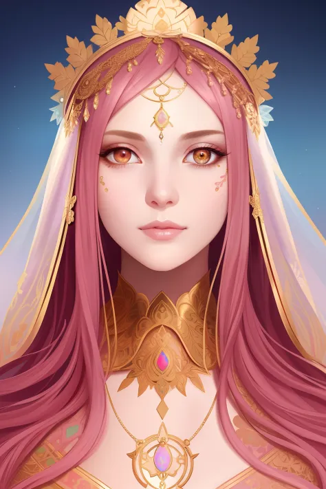 (symmetry:1.1) (portrait of floral:1.05) a woman as a beautiful goddess, (assassins creed style:0.8), pink and gold and opal col...