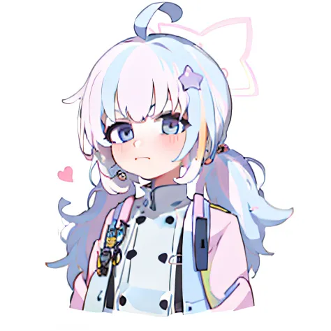 cartoon drawing of a girl with a ponytail and a blue jacket, smol, cute character, neferpitou, shikamimi, white haired, she has ...