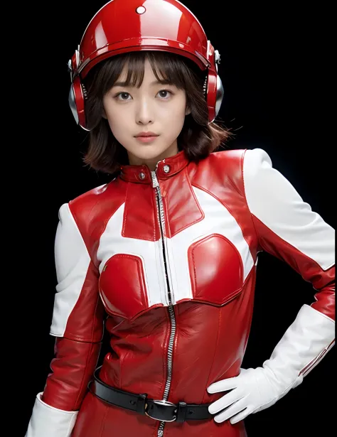 ultra-detailliert, hight resolution, top-quality,, ((Leather Red Cyborg Suit)､(Pilot helmet)、(Leather White Gloves)、Wearing a tr...
