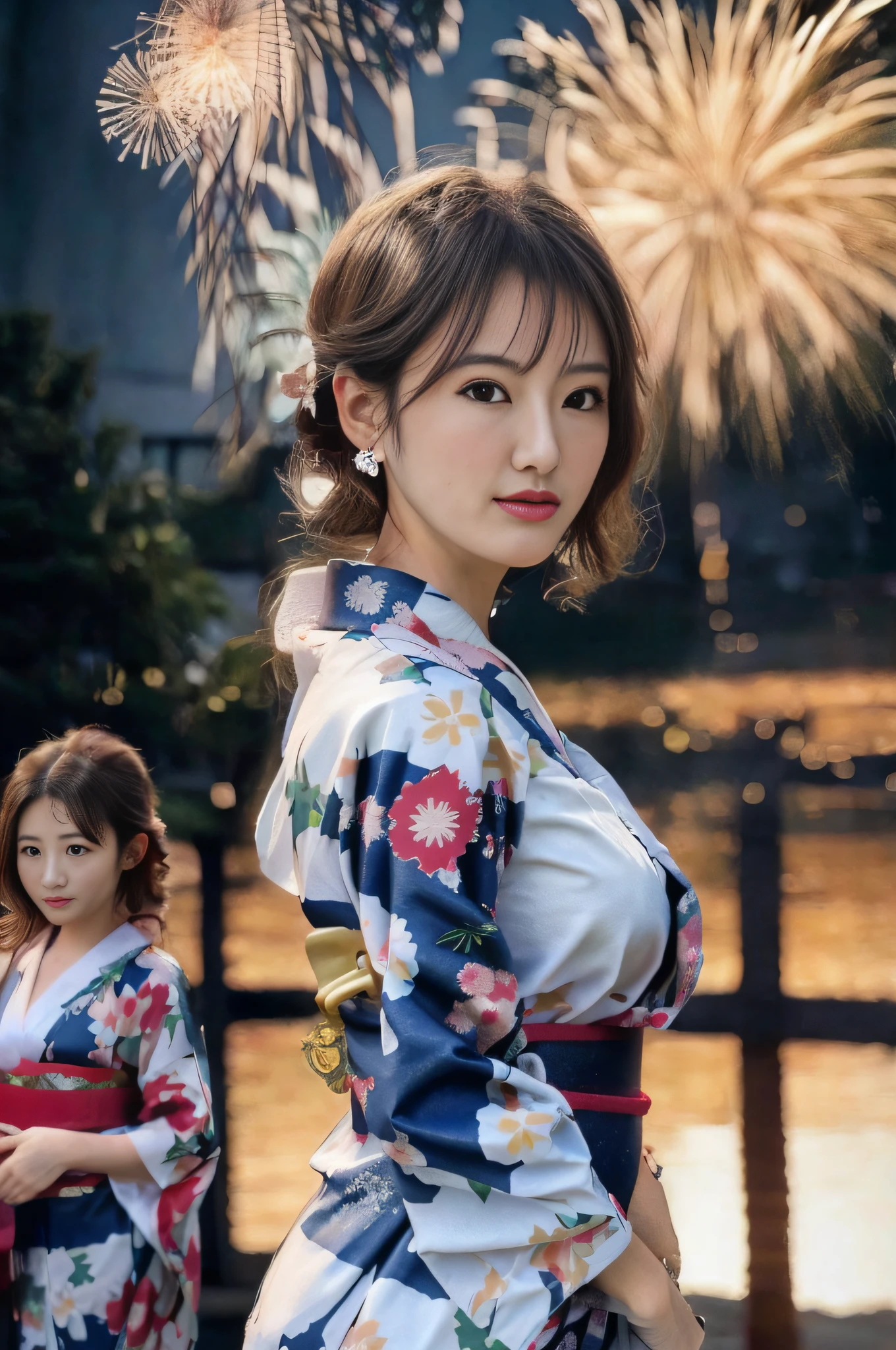 Bildqualität、Eine ultrahohe Bildqualität、8K、32K、Zwei Frauen in Kimonos stehen nebeneinander, im Kimono, im Kimono, edle Yukata-Kleidung, Kimono tragen, japanischer Kimono, Bademantel, das Gesicht eines schönen japanischen Mädchens, einen Kimono tragen, einen königlichen Kimono tragen, Japanische Modelle, Yoshitomo Nara, Kimono, Ein japanischer Stil, Sakimichan