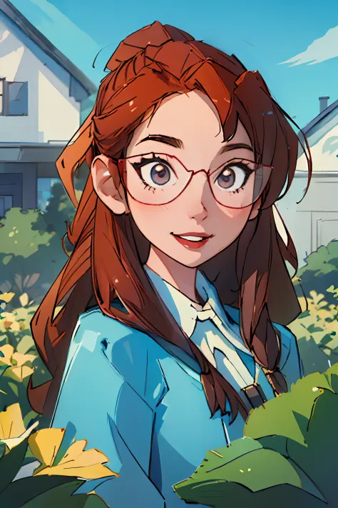 (masterpiece:1.4), (best quality:1.4), (high details:1.4), (high resolution:1.4), (detailed:1), 1girl, solo, Honey Lemon, glasses, outdoors, smile,
