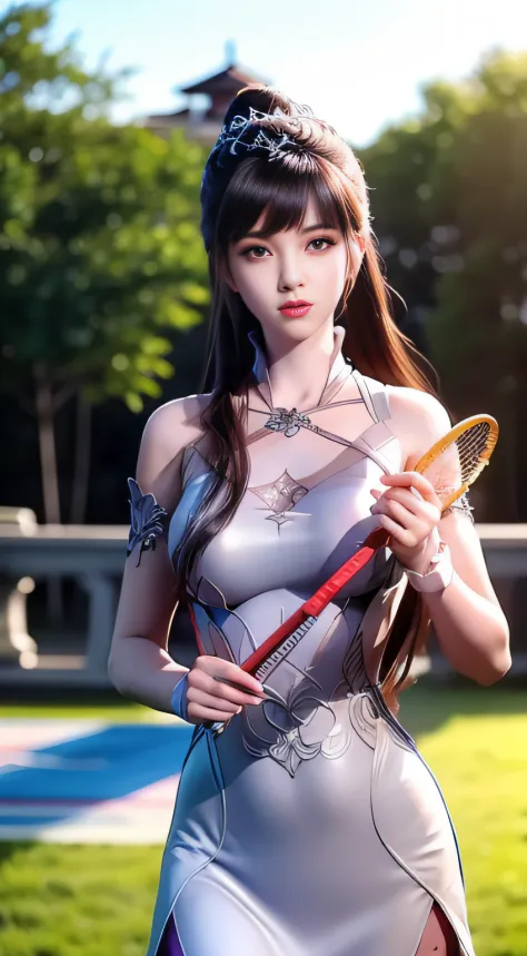 Girls on the pitch，22 year old，realisticlying，She wears jeans，Wear a women's suit，brown  hair。Holding a badminton racket