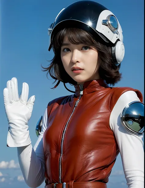 ultra-detailliert, hight resolution, top-quality, ​masterpiece, ((Leather cyborg suit)､(Pilot helmet)、(Leather White Gloves)Wear...