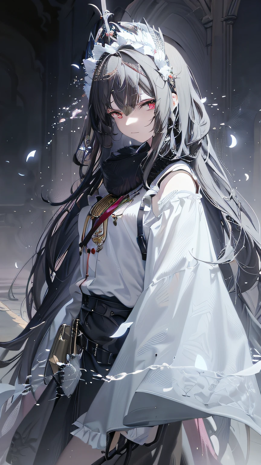 brunette color hair，Red eyes， Long messy hair， wind， （Daughter：1.5），Lace，ribbons，Hambu，（tmasterpiece，Sideslit，Delicate and beautiful gray eyes：1.2），tmasterpiece，Realiy，glowing light eyes，shinny hair，Long hair，shiny skins，solo，embarressed，No shoulder strap，delicated，big breasts beautiful，trpical garden，blossoms，flying petal，