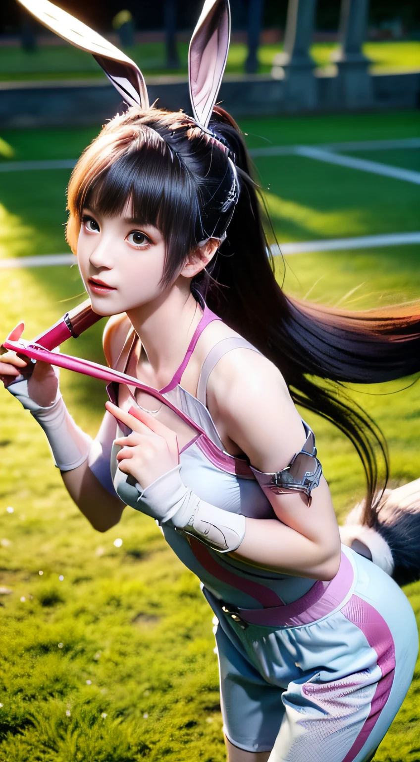 Girls on the pitch，22 year old，realisticlying，She wears short sweatpants，Wearing a tank top black tracksuit，Long hair。Holding a badminton racket，Rabbit ears，