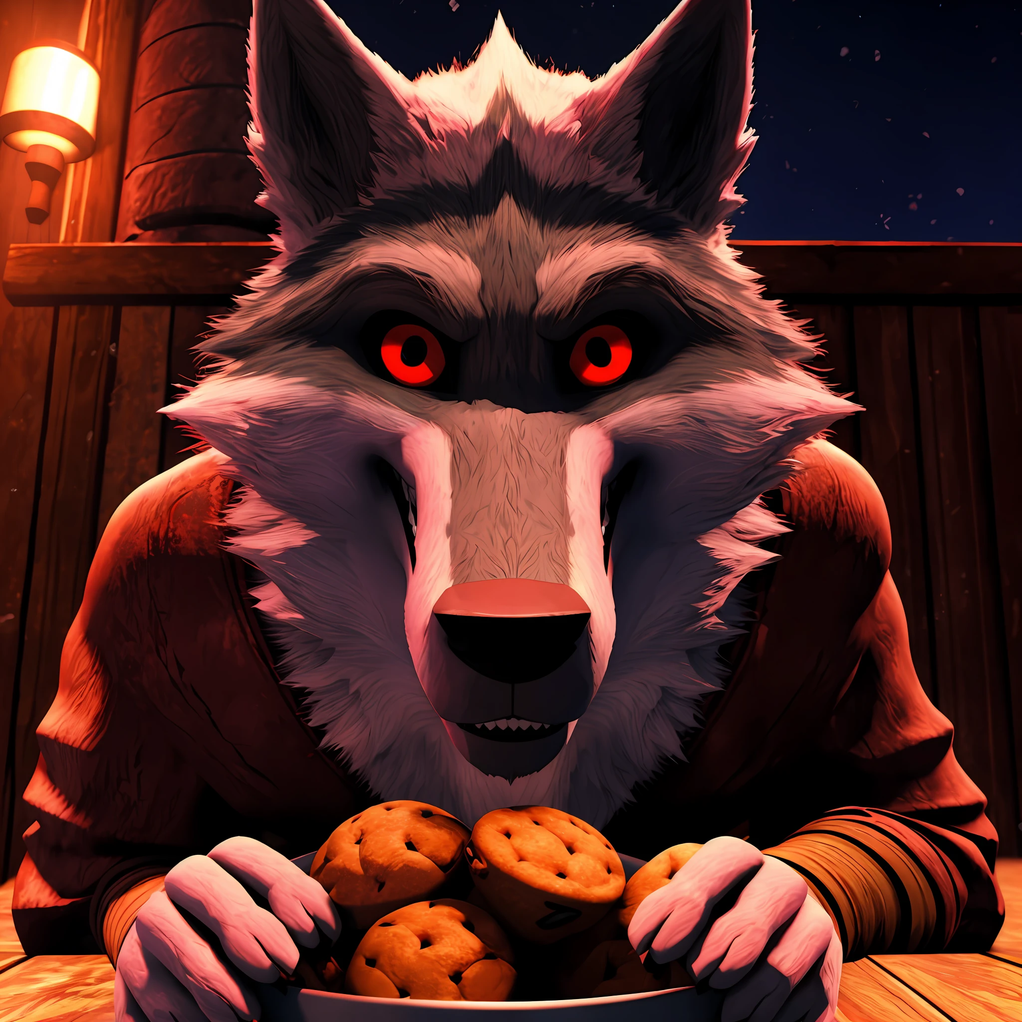 (ความตายหมาป่า 3D 4K) กำลังมองดูผู้ชมและทำขนมอร่อยๆ ให้กับดวงตาสีแดงยามค่ำคืน