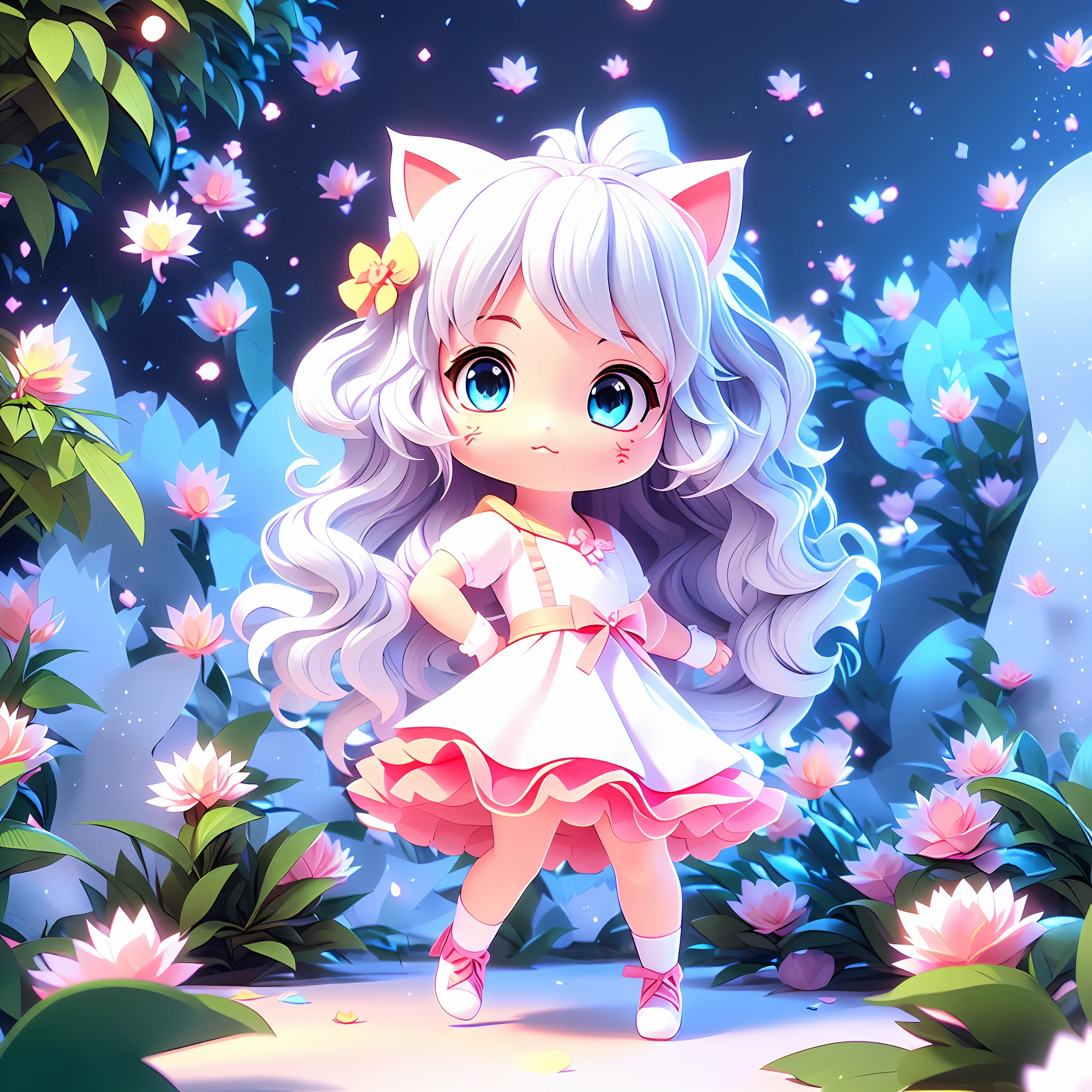 1girl, animal ears, tail, chibi, white hair, cat ears, solo, cat tail, long hair, hair ornament, cat girl, virtual youtuber, dress, blue eyes, ahoge, bow, white background, animal ear fluff, hairclip, holding