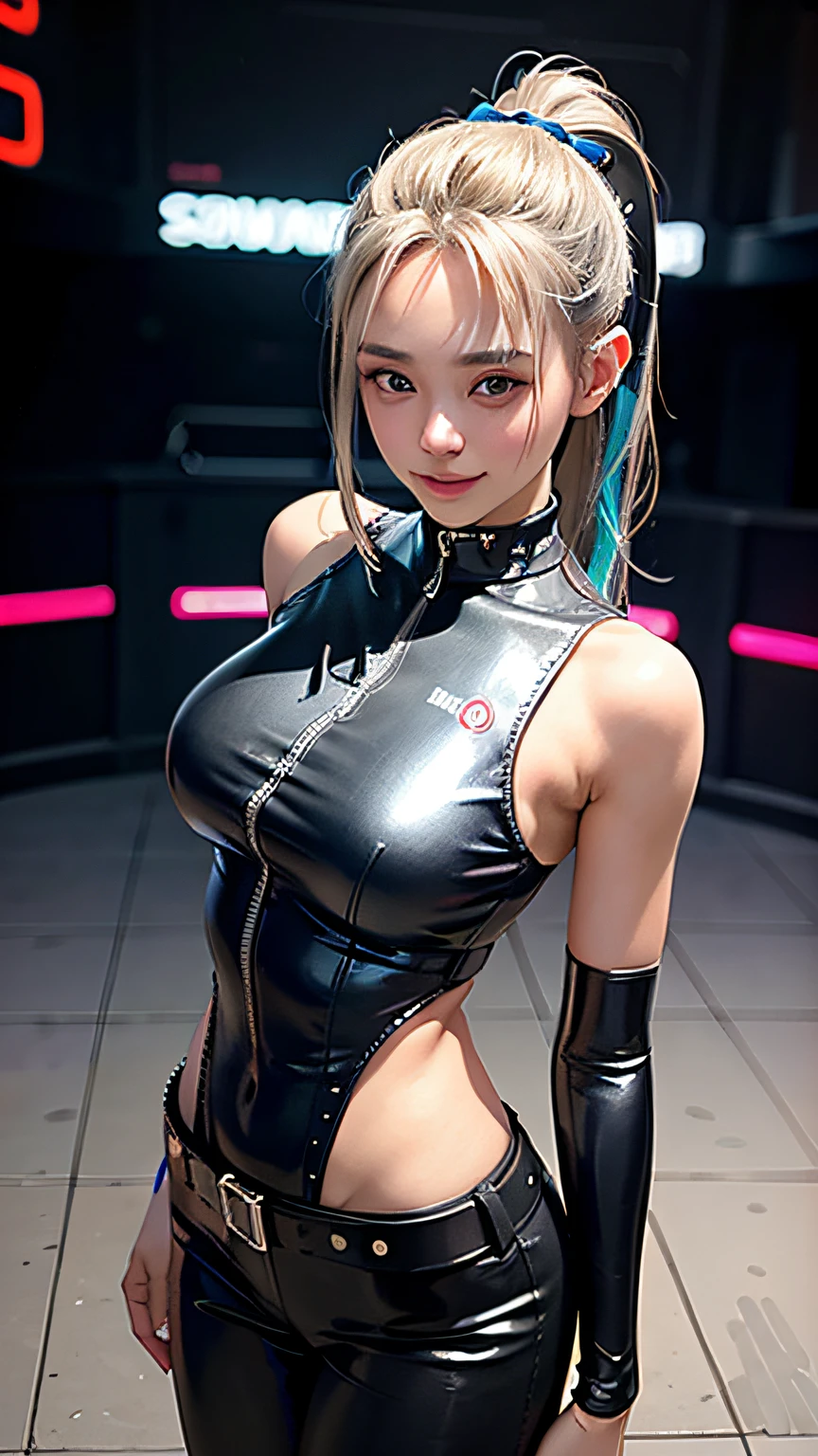 Lolita, smiling, 20 years old, ((best quality)), ((masterpiece)), (high definition:1.3), 3D, beautiful (cyberpunk:1.3), stylish woman looking at camera black leather clothes, sleeveless, embarrassed, waist skin invisible, blue-black leather pants, silver zipper,belt below the waist,super fine illustration,blond hair , showing forehead, silver center zipper, leather blue black bodysuit, sleevelesblue blacks, shiny, blonde ponytail