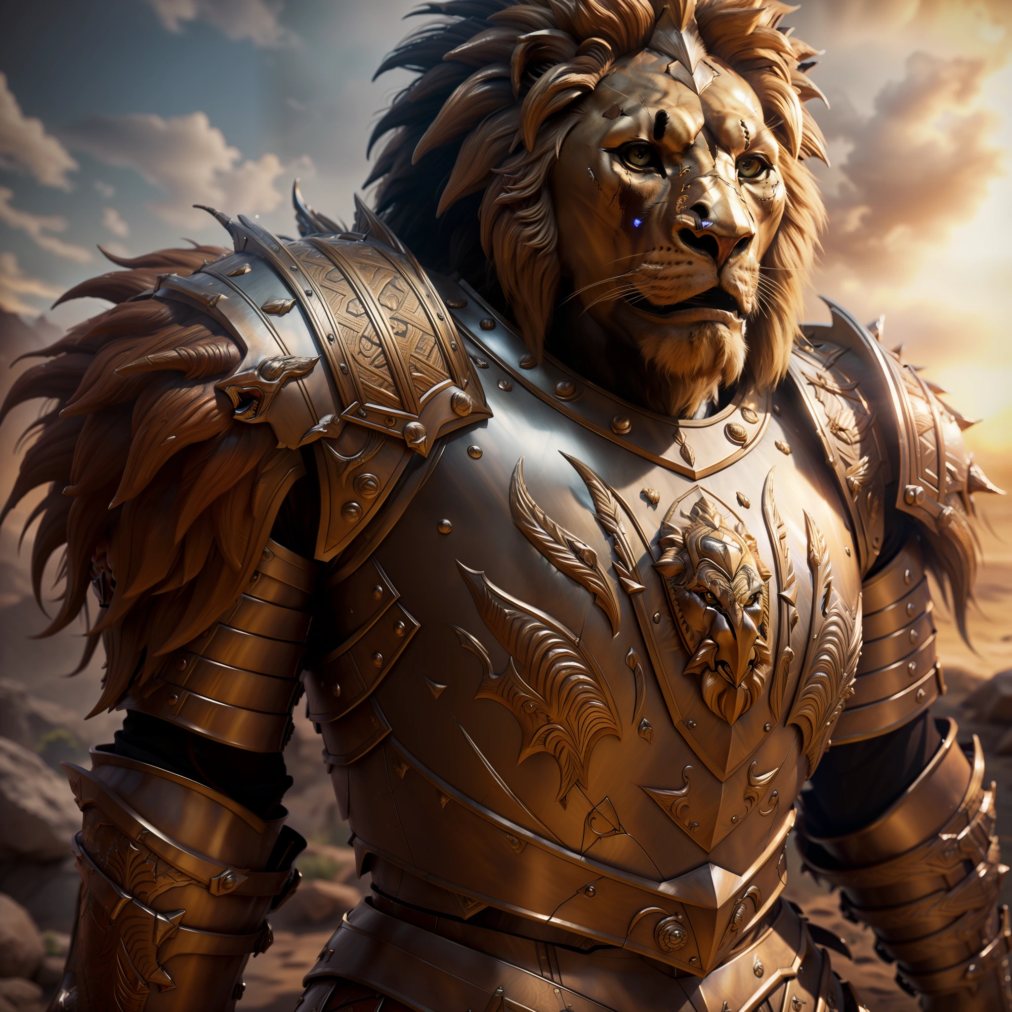 Ein humanoider Löwenkrieger mit prächtiger Rüstung mit vielen Details in der Rüstung, Detailliertes Löwenfell, detaillierte Löwe wütend Augen, realistisch, 8k