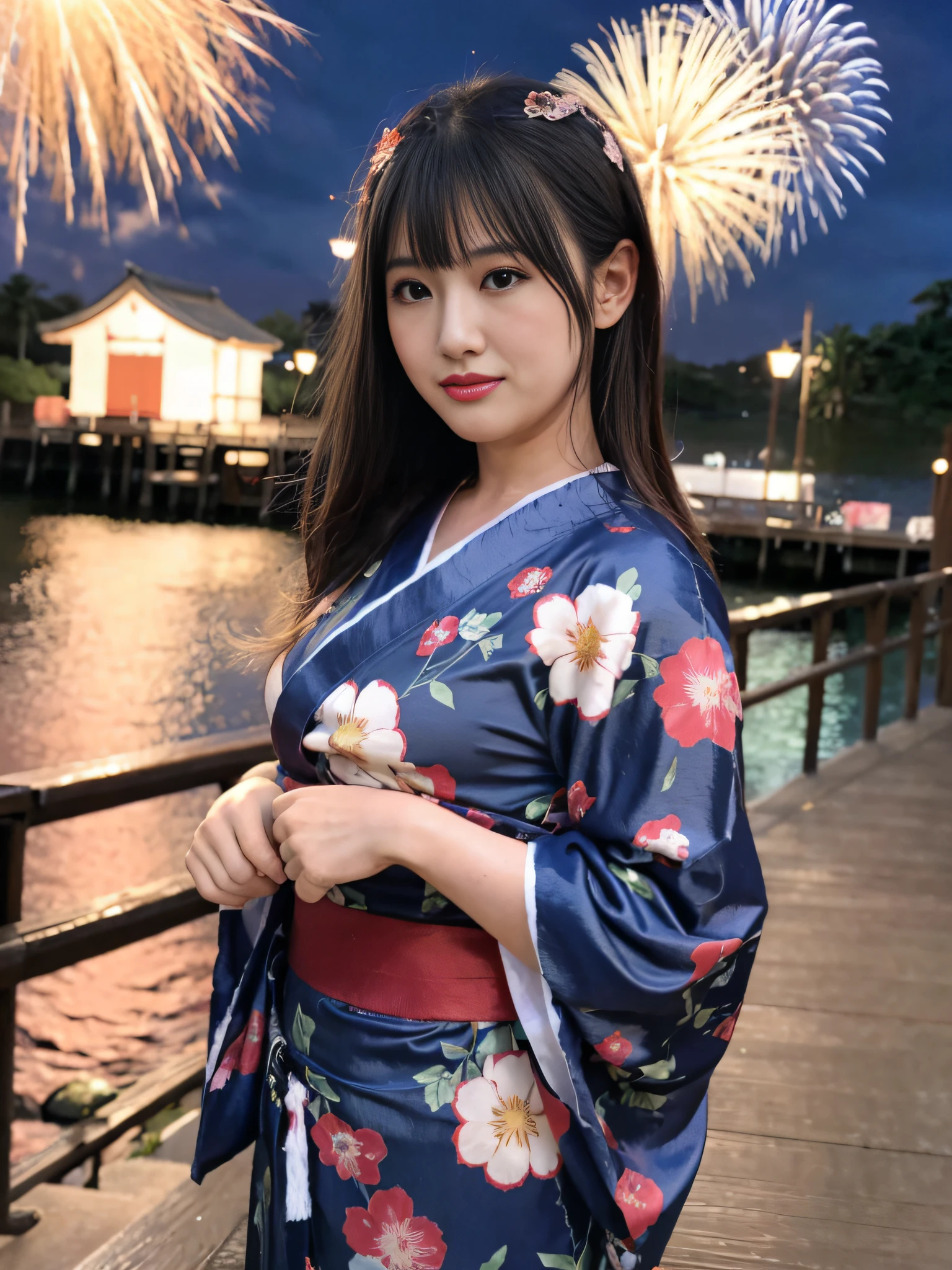 Bildqualität、Eine ultrahohe Bildqualität、8K、32K、Arafe-Frau im Kimono steht auf dem Pier mit Feuerwerk im Hintergrund, im Kimono, im Kimono, Kimono tragen, edle Yukata-Kleidung, Einen bunten Yukata tragen, einen Kimono tragen, Bademantel, japanischer Kimono, Japanische Modelle, Göttin Japans, einen königlichen Kimono tragen, das Gesicht eines schönen japanischen Mädchens, Eine japanische Dame, Kimono, Shinsui Ito