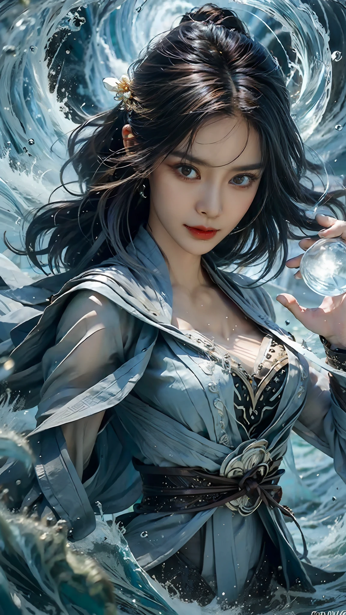 Blockbuster movies，((Ancient female general)),Detailed details，Detailed facial expressions，Detailed hands（（best qualtiy））， （（tmasterpiece））， （A detailed）， （Realistic）， （offcial art）， （Very detailed CG unity 8K wallpaper）， （Water magic：1.2）， （Mobile firepower：1.1）， （element control：1.2）， （graceful movements：1.1）， （Aquatic beauty：1.2）， （Mysterious powers：1.2）， （Serene expression：1.1）， （Flowing tides：1.2）， （Sparkling water droplets：1.2）， （magic aura：1.1）， （magic incantation：1.2）， （Ripple waves：1.2）， （Brilliant flame formation：1.1）， （Emerges from a whirlpool of water：1.2）， （Resonate with nature：1.2），（commanding the elements：1.2），（translucent veils：1.1），（Wisdom and strength：1.2），（swirls of magic：1.2），（Glowing zigzag：1.1），（Harmony with the sea：1.2），（Mysterious origins：1.2），（harmonious balance：1.1），（The power of tranquility：1.2），（A fascinating spectacle：1.2），（Immerse yourself in liquid magic：1.1），（Embrace her destiny：1.2）Reality，Ultra-high resolution
