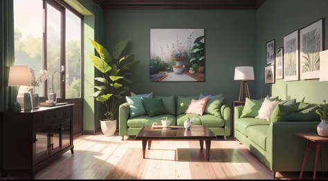 welcoming living room，Manhwa Style，Realistic thick paint illustration，There are green plant embellishments，There are flowers embellished，rich details​，delicate picture --auto