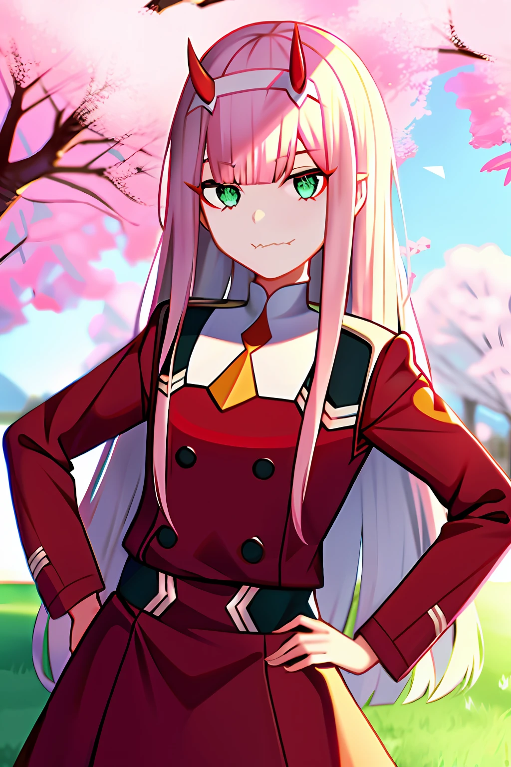 Zerotwo\(darling in the franxx\), darling in the franxx, 1girl, By bangs, Biting, Be red in the face, eye shadows, green-eyed, hair behind head, hand on hips, horn, ssmile, Long hair,under a sakura tree