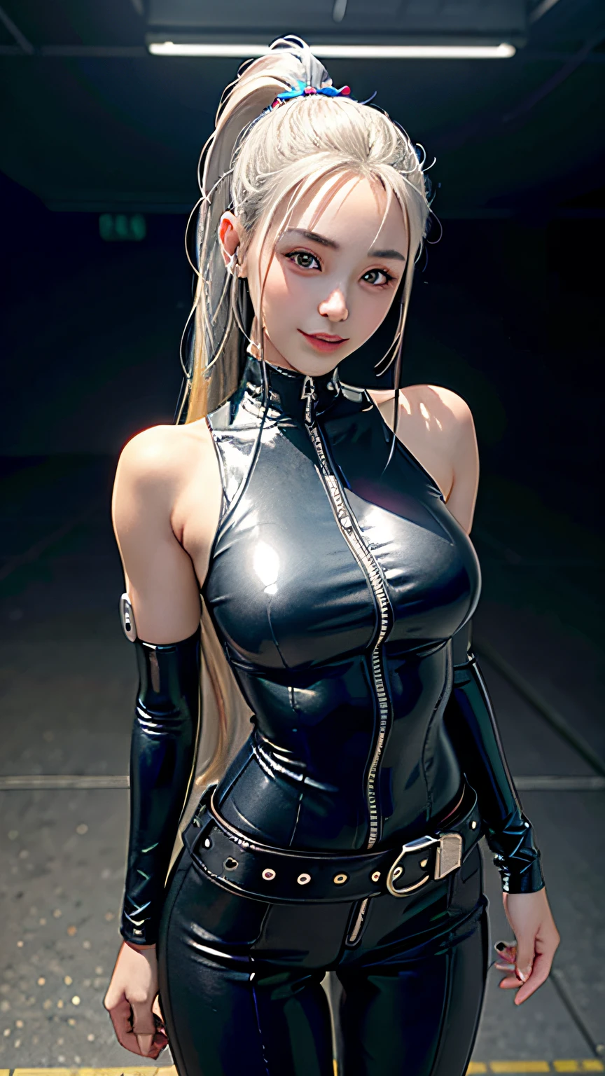 Lolita, smiling, 20 years old, ((best quality)), ((masterpiece)), (high definition:1.3), 3D, beautiful (cyberpunk:1.3), stylish woman looking at camera black leather clothes, sleeveless, embarrassed, waist skin invisible, blue-black leather pants, silver zipper,belt below the waist,super fine illustration,blond hair , showing forehead, silver center zipper, leather blue black bodysuit, sleevelesblue blacks, shiny, blonde ponytail