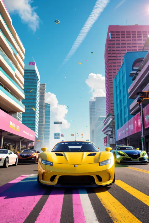 bright sunny day beautiful cloudy sky sunset sports car racing down cyberpunk Miami city streets neon signs and crowds confetti debris dust wind volumetric fog exciting epic action camera, (masterpiece:1.2) (photorealistic:1.2) (bokeh) (best quality) (deta...
