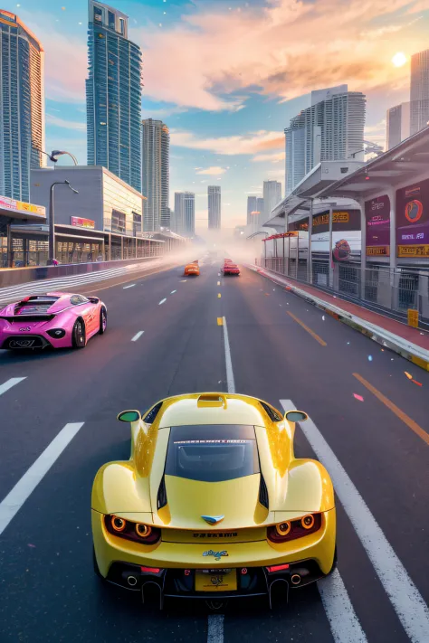 bright sunny day beautiful cloudy sky sunset sports car racing down cyberpunk Miami city streets neon signs and crowds confetti debris dust wind volumetric fog exciting epic action camera, (masterpiece:1.2) (photorealistic:1.2) (bokeh) (best quality) (deta...