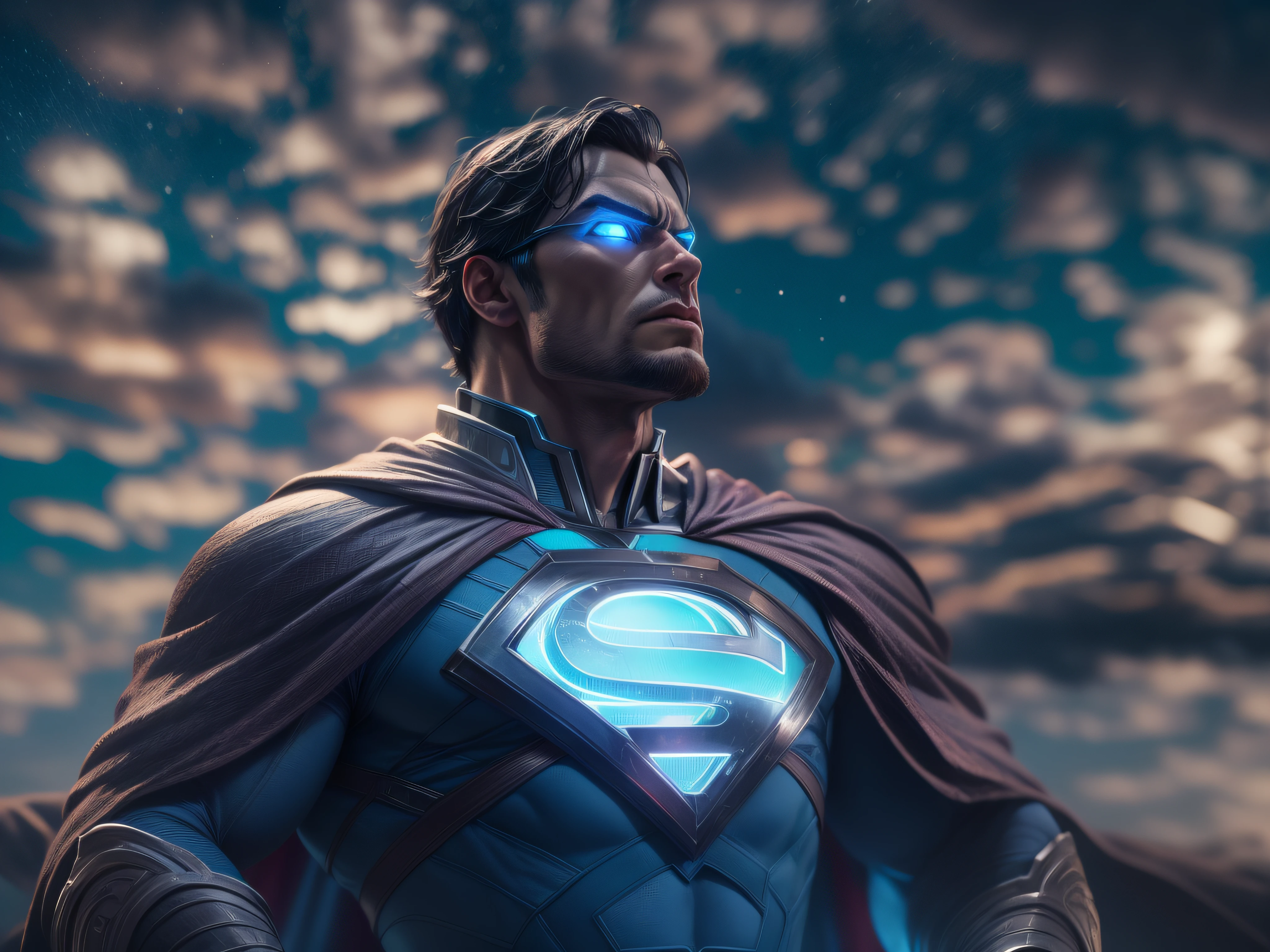 Cerrar una poderosa amenaza, La imponente apariencia del poderoso Superman vestido con uniforme celeste y beige, logo S aceso por um anel de neon, mirada amenazadora, ricamente detallado, Hiper realista, renderizado 3D, obra-prima, NVIDIA, RTX, trazado de rayos, bokeh, Cielo nocturno con una enorme y hermosa luna llena., estrellas brillantes, 8k,