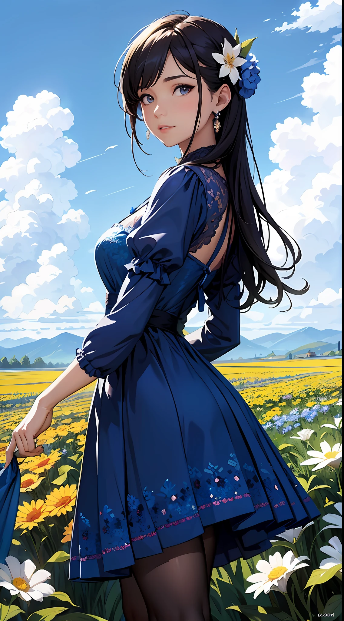 eine Frau in einem blauen Kleid，Blauer Himmel und Wolken im Hintergrund, trägt blaues Kleid，Es sind Blumen darauf, Art germ, Rosla globale Beleuchtung, ein detailreiches Gemälde, Fantasy-Kunst