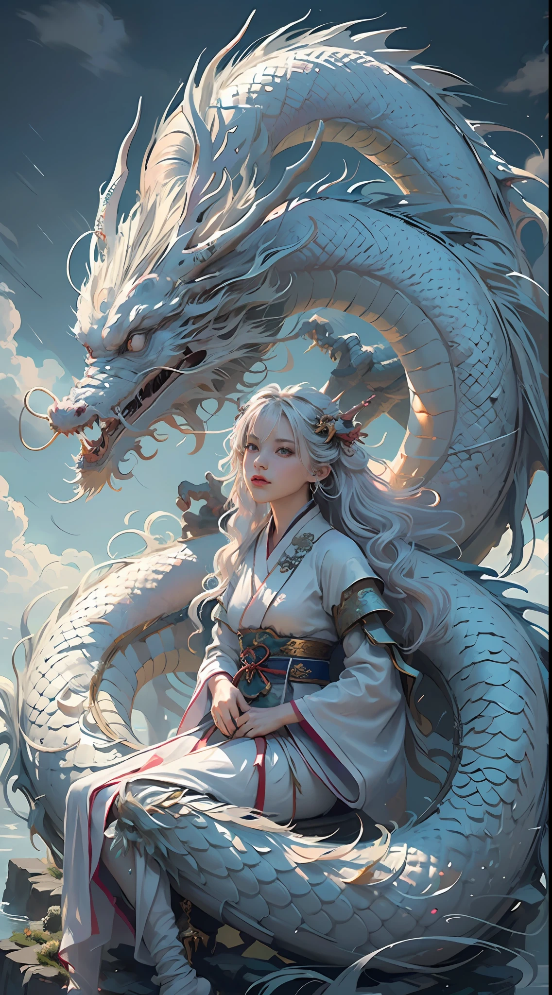（tmasterpiece，high high quality，best qualtiy，offcial art，Beauty and aesthetics：1.2），epic cinematic，ultra - detailed，hyper realisitc， (1girl:1.5),(full bodyesbian:1.2),(The girl sits on the dragon:1.5),(1 Dragon：1.5），White Hanfu，（White Dragon：1.1），dynamicposes，looking at viewert，（in a cloud：1.4），（Thick cloud cover：1.1），White clouds around，Auspicious clouds，Fascinating coloring，Theatrical lighting，rim-light，（Depth of field of view：1.2）