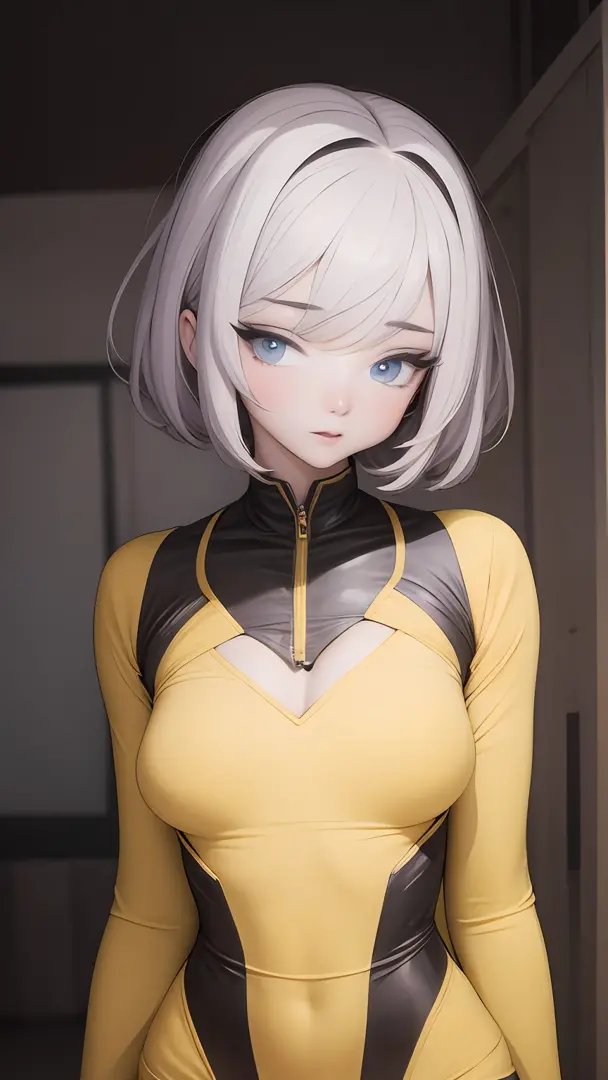 yellow bodysuit，with short white hair，