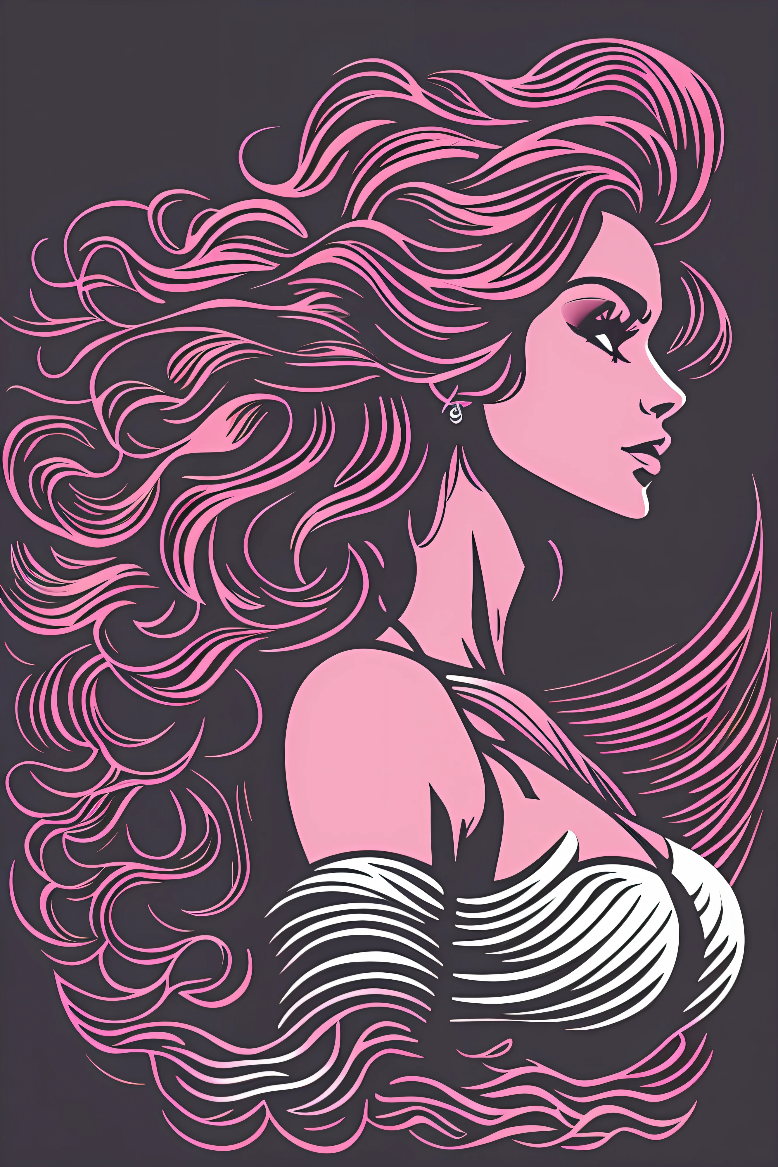 design de logotipo de camiseta isolado em fundo preto, biquíni de silhueta de mulher sexy na praia, padrão de ondas, Obra de arte, melhor qualidade, ((rosto detalhado)), ((premiado)), (Alto detalhe), afiado, 8K, arte vetorial
