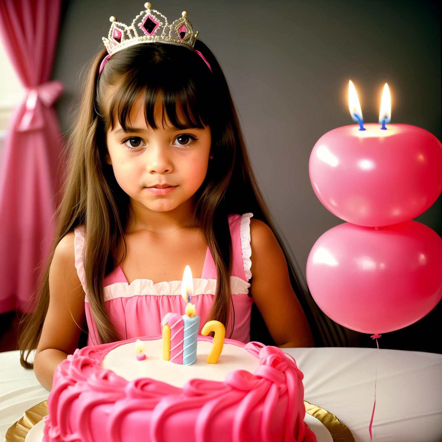A 1980 photo of a 5-year-old girl with straight long hair wearing a pink princess costume blowing out 5 candles on top of a birthday cake, a well-detailed 80's cake, an unfathomable cake (pele altamente detalhada: 1.2)  soft-lighting, alta qualidade,
