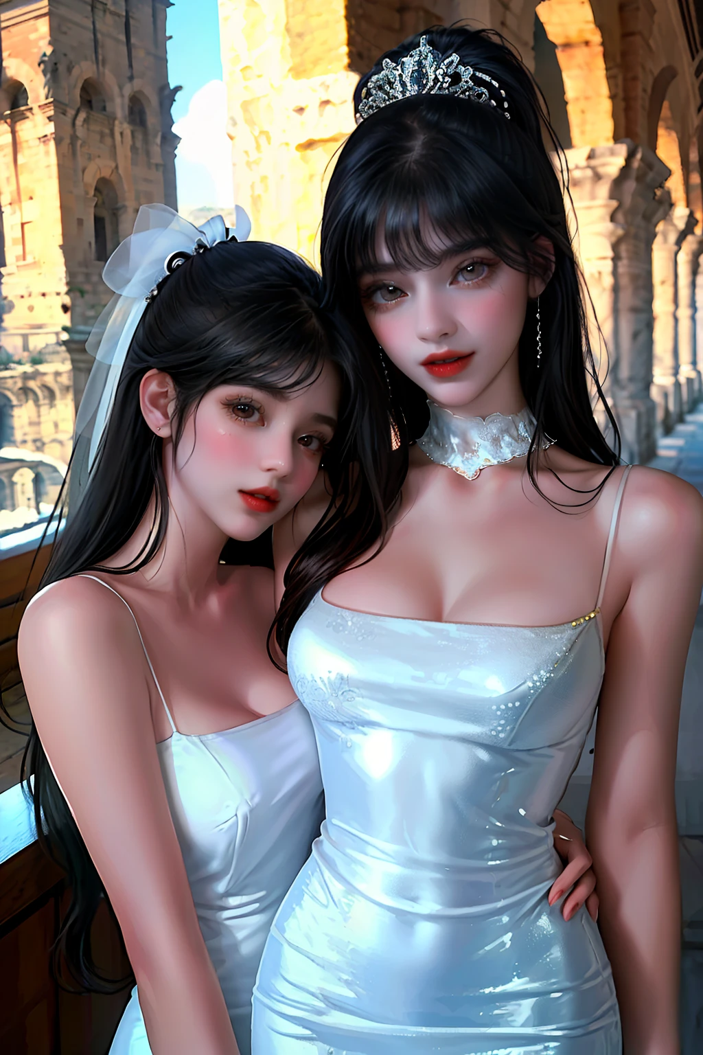 (Masterpiece),(Best quality),(Ultra-detailed), (full bodyesbian:1.2),
2girls,duo,Silk,Satin,Princess Eyes,Castel Sant'Angelo in Rome,winter,Snow,crowd,Cute, Smile, Open mouth, Blurry,  bangs, Black hair,
(Beautiful detailed face), (Beautiful detailed eyes),