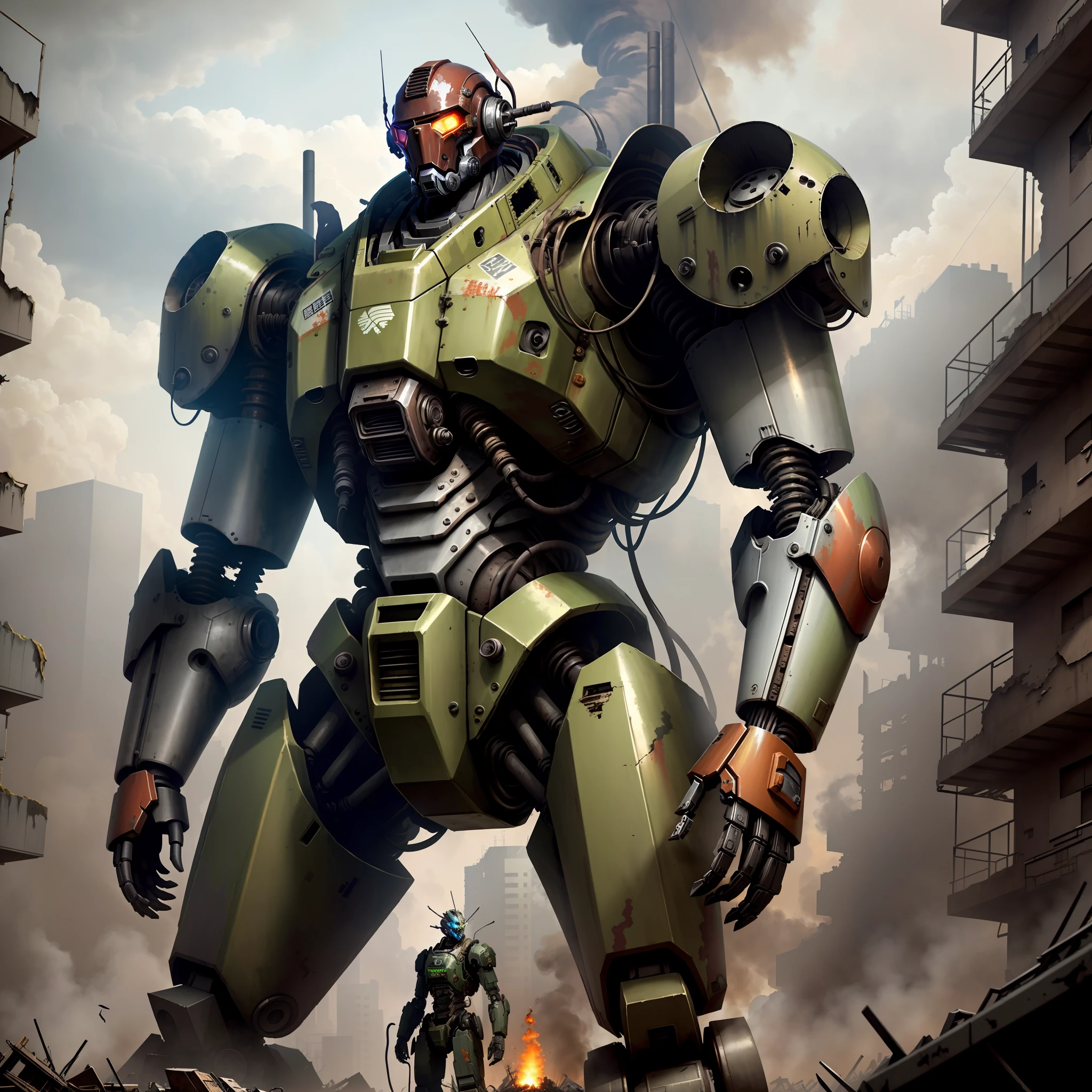 3 meter tall mech standing in city ruins, (built from scrap parts: 1.9) (The ruined city and mech in the background are in chaos, rusty metal and missing parts reveal an atmosphere of destruction and chaos.) The dark atmosphere has the effect of increasing smoke and dust, enhancing the realism of the picture. Make sure the details are handled properly and the artwork resolution needs to be at least 8K to ensure the best visual effect. ):0.8, (please use the cruel color theme): 0.2,