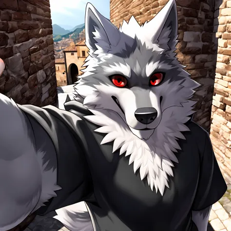 (Death wolf 4D 8K) taking a selfie in Italy red eyes