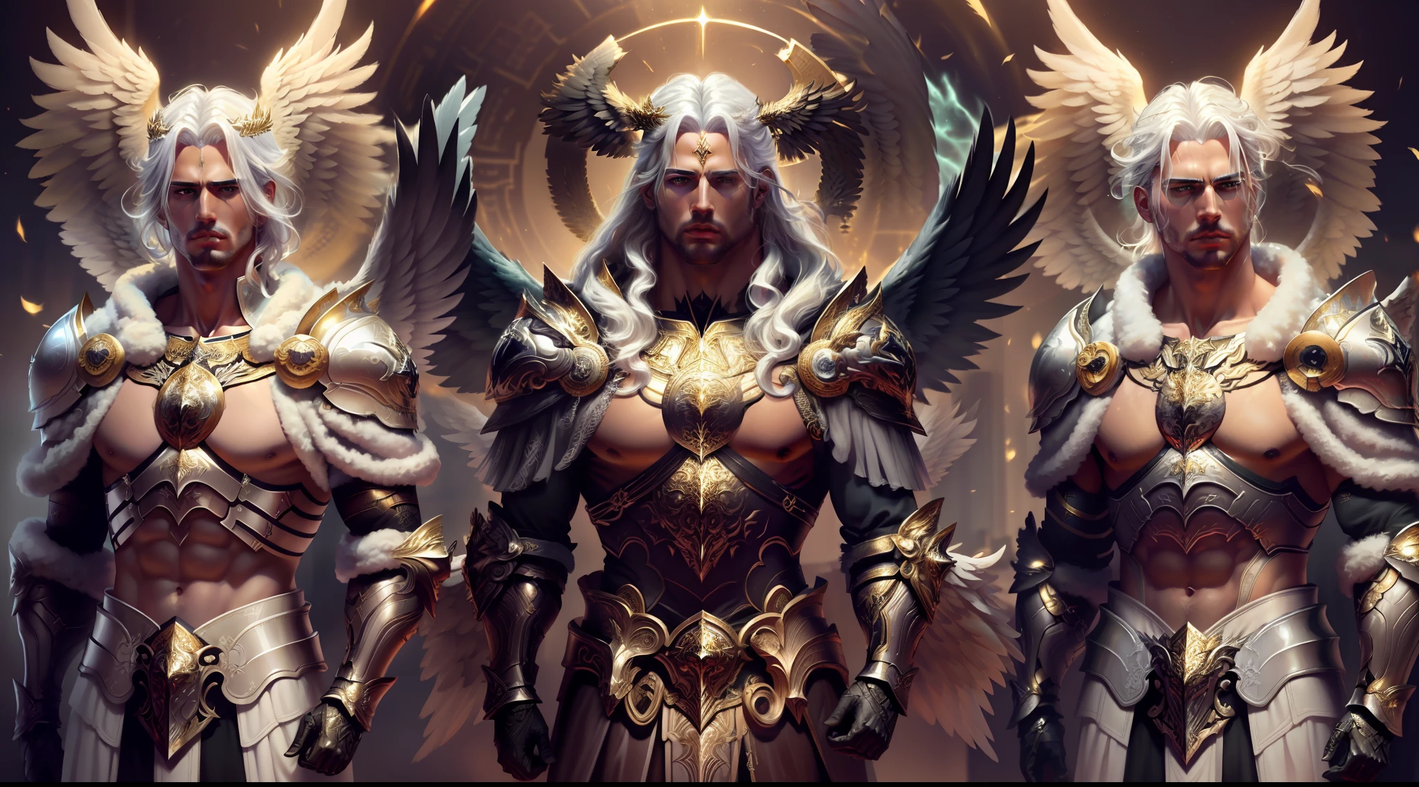 Close-up of 3 angels (Male), (three imposing male angels), with white hair and wings, with white heavenly armor and golden details, majestic angels with a full body, male halo, archangel, --v 6