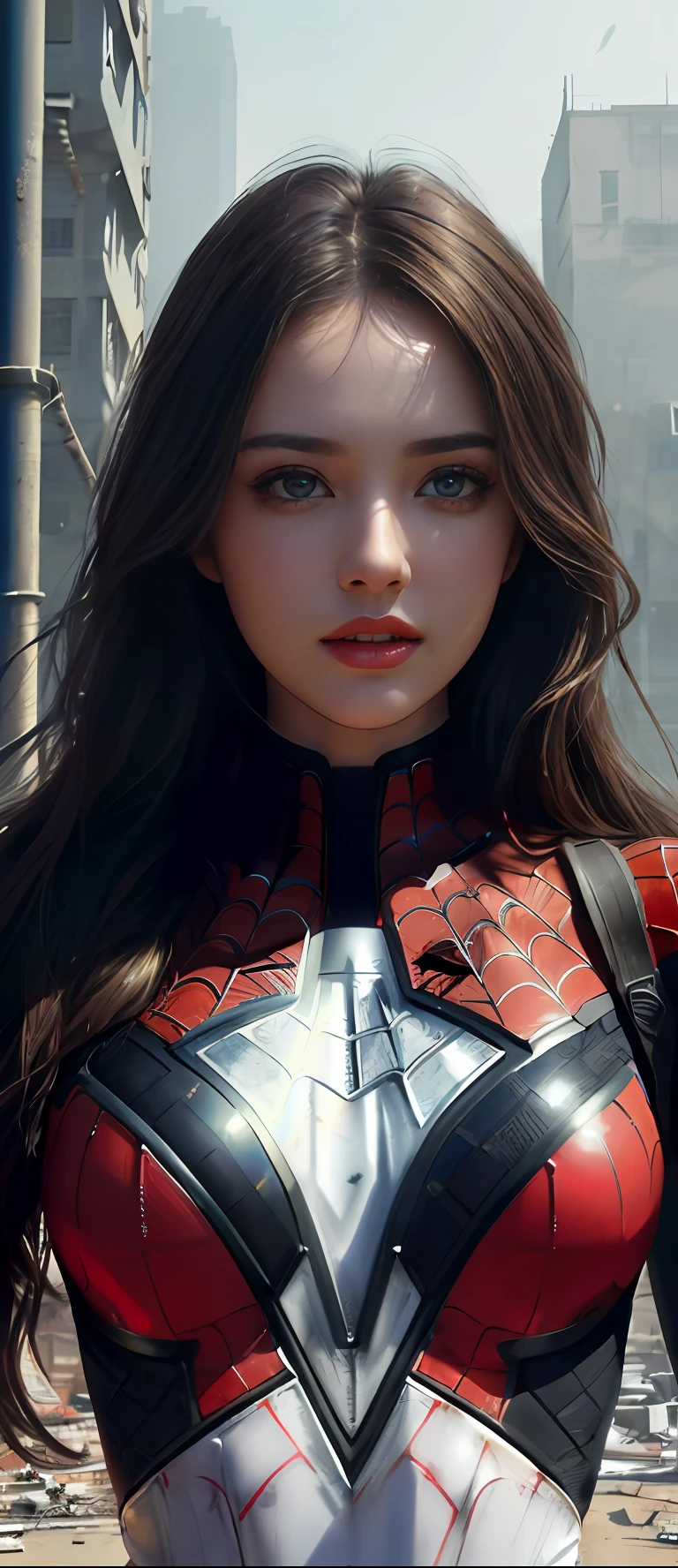 (1girl:1.3), solo, (((extremely detailed face))),(((extremely detailed eyes and face))),beautiful detailed eyes,body-parts__, official art, unified 8k wallpaper, super detailed, beautiful and aesthetic, beautiful, masterpiece, best quality, raw, masterpiece, super fine photo, best quality, super high resolution, photorealistic realism, sunlight, full body portrait, amazing beauty,, dynamic pose, delicate face, vibrant eyes, (from the front), she is wearing a Spider-man suit, red and black color scheme, spider, very detailed abandoned warehouse background, Detailed face, detailed complex busy background, messy, gorgeous, milky white, highly detailed skin, realistic skin details, visible pores, sharp focus, volumetric fog, 8k uhd, DSLR, high quality, film grain, fair skin, photo realism, lomography, huge metropolis in future dystopia, seen from below, translucent