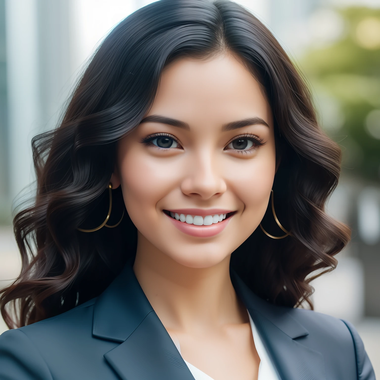 generate an AI presenter. Beautiful woman with beautiful smile and dimple. Wearing office dress and  wavy curls but not curly. Half size body staring camera. realistic avatar. high resolution 8k. bokeh. Bright face. Lighting on face. smooth skin. black hair, with blush face