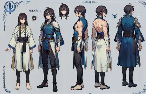 1人, reference sheet, (fantasy character design, front, back, side) manly, mage, magic user, broad shoulders, tall, lean athletic...